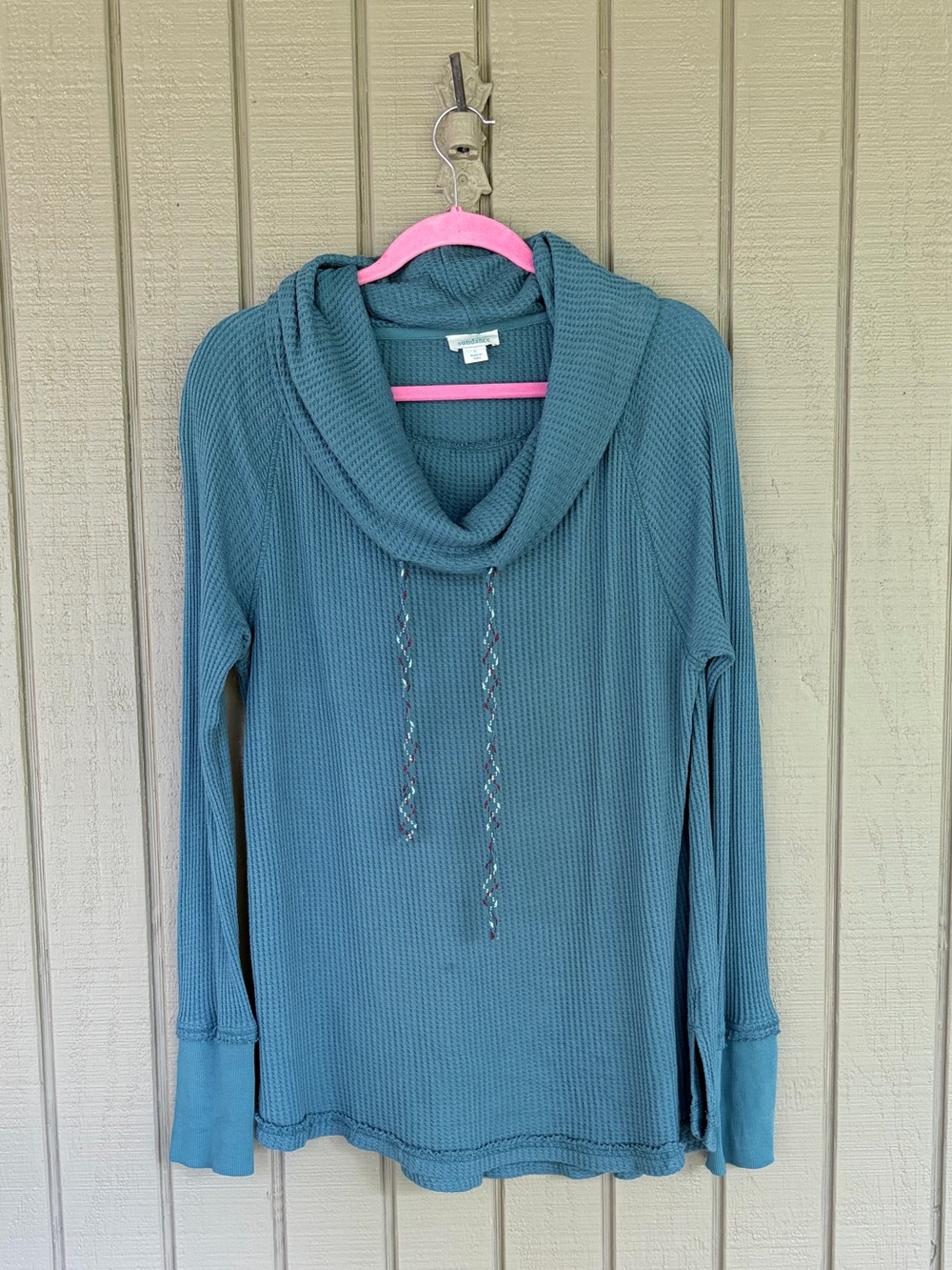 Sundance Winters Postcard Waffle Knit Cowl Neck Thermal Top Large Teal